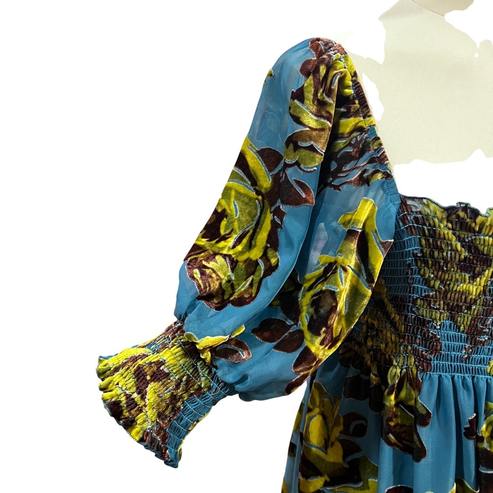 Betsey Johnson Teal Velvet Burnout Puff Sleeve Floral Silk Babydoll Dress M - Picture 3 of 10
